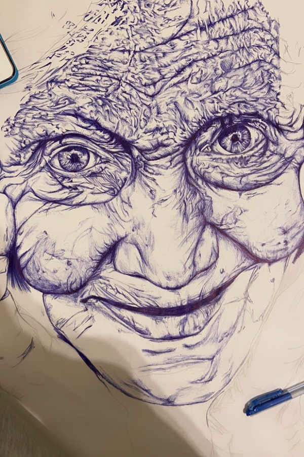 Detailed line drawing of an elderly face on a textured surface.
